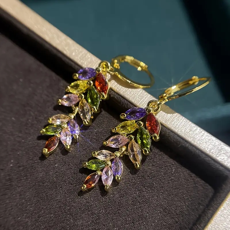 Oorbellen met lange bladhanger voor elegante damesoorbellen, gekleurde zirkoonoorbellen, prachtige sieradengeschenken