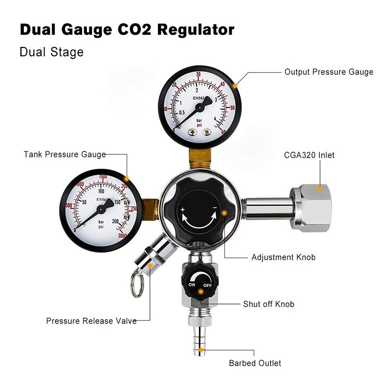 Dual Gauge CO2 Tapbier Regulator Drukregelaar CGA-320 CO2 Tank Bier Kegerator Regulator met Ontlastklep