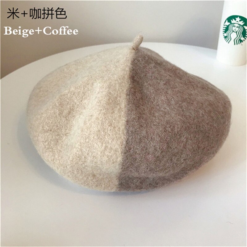 Zimowy ciepły urok kolor szwów czysta wełna kobiety beret francuski czapka typu czapka bez daszka czapka dla kobiet retro "dzika moda" akcesoria gify: Beige-kawa