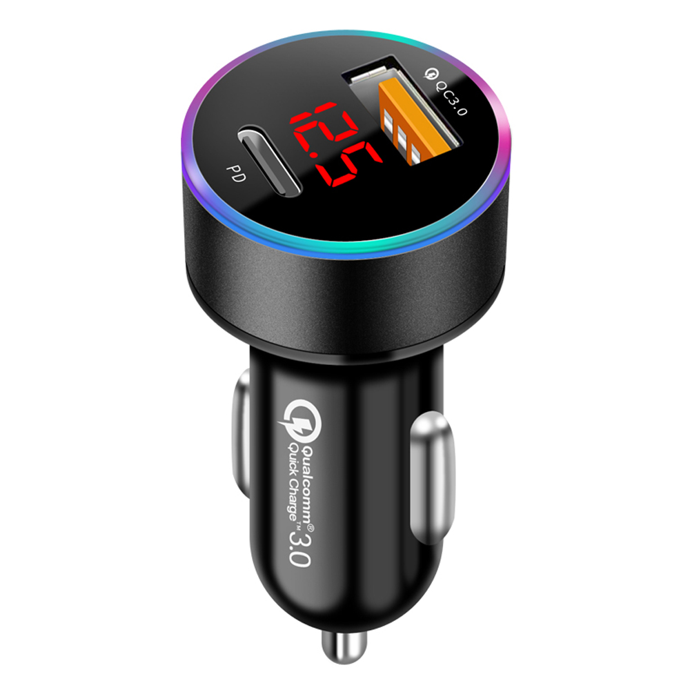 Cargador de coche Universal QC 3,0 PD, salida USB Dual para Huawei P10 Plus Mate 9, Xiaomi Mi5 Mi6 Plus, pantalla Led de voltaje: black
