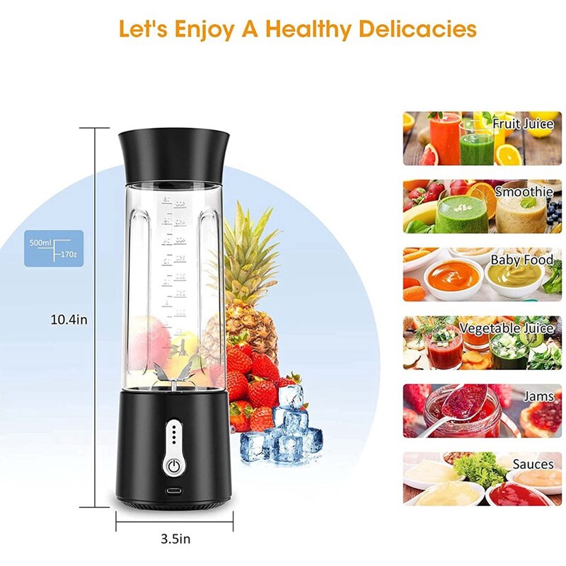 Mélangeur Portable, mélangeur Rechargeable avec bouteille de 500Ml, mélangeur étanche pour Milkshakes et Smoothies, petit presse-agrumes