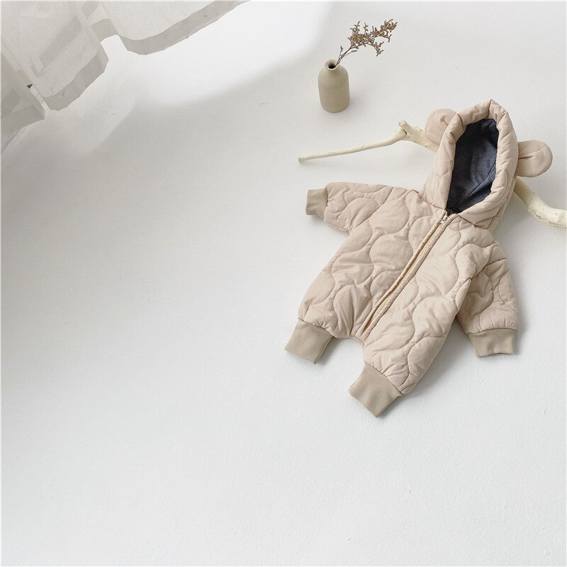 Vinter baby drenge og piger varme quiltede søde bjørne lange ærmer bukser 0-2 år spædbørn børn tyk lynlås hætte jumpsuits: Beige / 3t