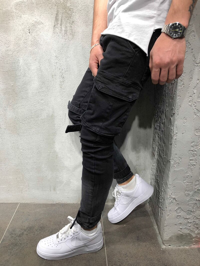 Skinny de motorista Jeans hombres Multi-Bolsillo vendaje Slim chándal pantalones para los hombres de la motocicleta ropa informal estilo hip hop botín pantalones de mezclilla