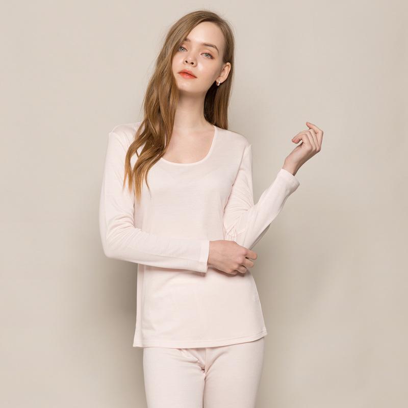 Autumn and Winter Thickened 30% Silk 70% Wool Thermal Underwear Suit Female Silk Knitted Bottom-knitted Autumn Clothes and Trou: Beige / L