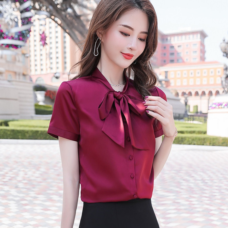Chemise en mousseline de soie rouge vin pour femmes, à la , chemisiers à manches courtes avec nœud papillon, bureau, hauts de travail pour dames, été