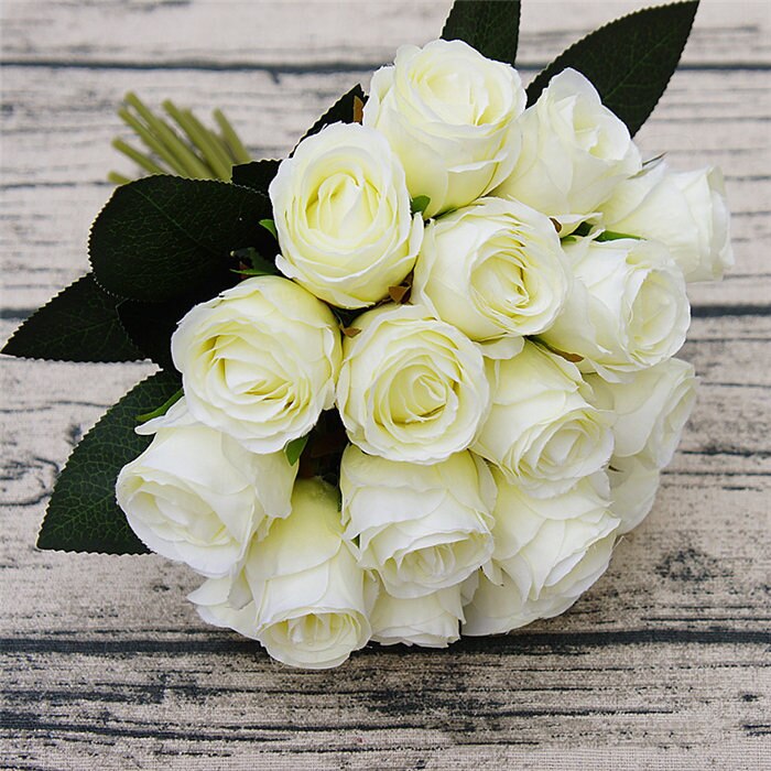 18 hoveder kunstige roser blomsterbuket små silke roser bryllup brude buket diy hjemmekontor bord blød dekor silke blomster: Hvidgrøn