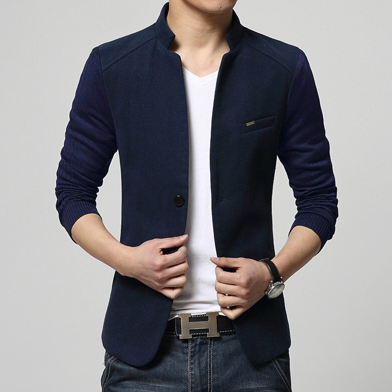 Herr kavaj patchwork kostymer för män topp röda kavajer slim fit ylle ytterkläder kappa kostym homme blazer herr: Marin / Xxl