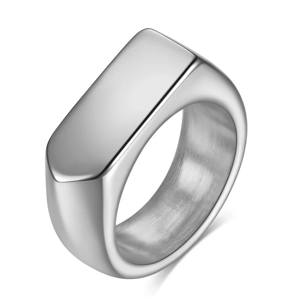 Anillo de sello superior plano con banda cuadrada, Color plata oxidada, acero inoxidable, joyería rústica Vintage para hombres y mujeres