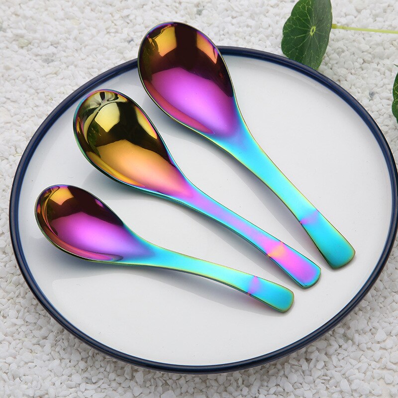 Stainless Steel Soup Spoon Gold Rainbow Deepen Thicken Large Capacity Small Spoons