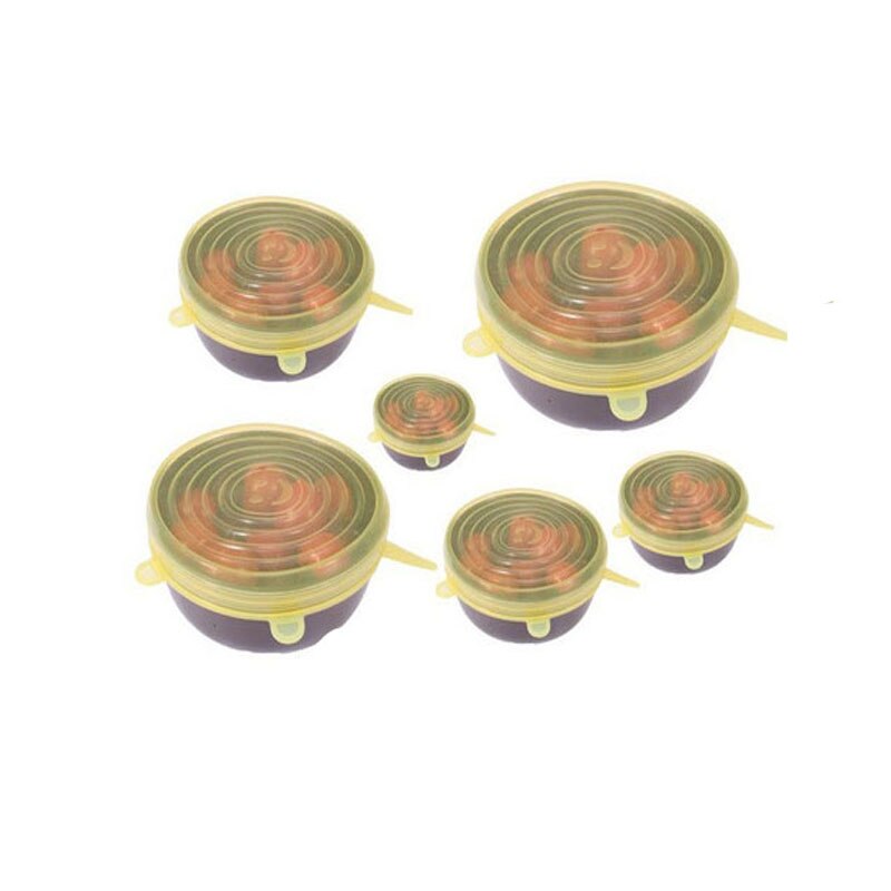 Siliconen rekbare voedseldeksels keukenaccessoires universele siliconen kom pot deksel siliconen deksel pan koken voedsel vers: 6cs geel