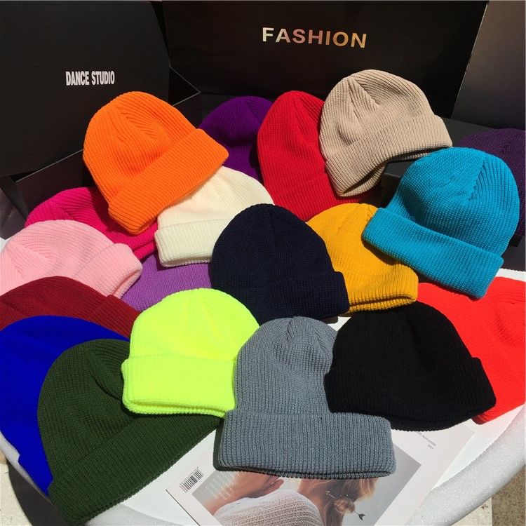 Gorro de lana de punto cálido de Color sólido de invierno y otoño para hombre y mujer, gorro con puños fluorescentes, gorro femenino, gorro cálido, gorro informal