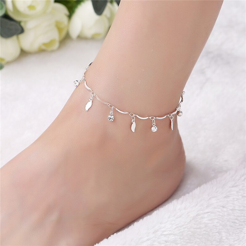 Nouveauté 925 Sterling dames argent bracelets de cheville cristal feuilles Bracelet de cheville pour femmes et fille Bijoux KB132