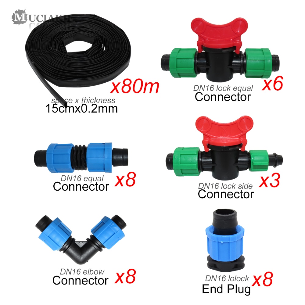 MUCIAKIE-Kit de riego de cinta de goteo de agua para invernadero de jardín, 80M, con espacio de caída, 15CM, cinta DN16, Conector de codo igual, tapones de extremo