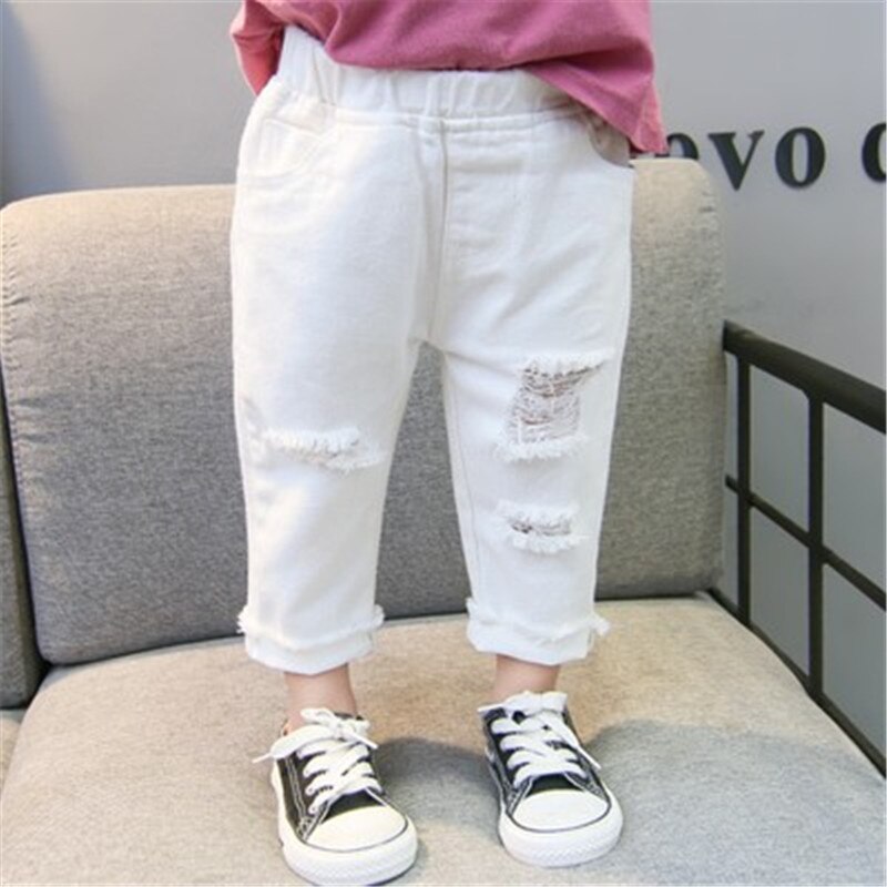 bébé filles déchiré jean enfants enfants trou cassé pantalon blanc couleur filles taille élastique Denim pantalon filles Denim crayon pantalon