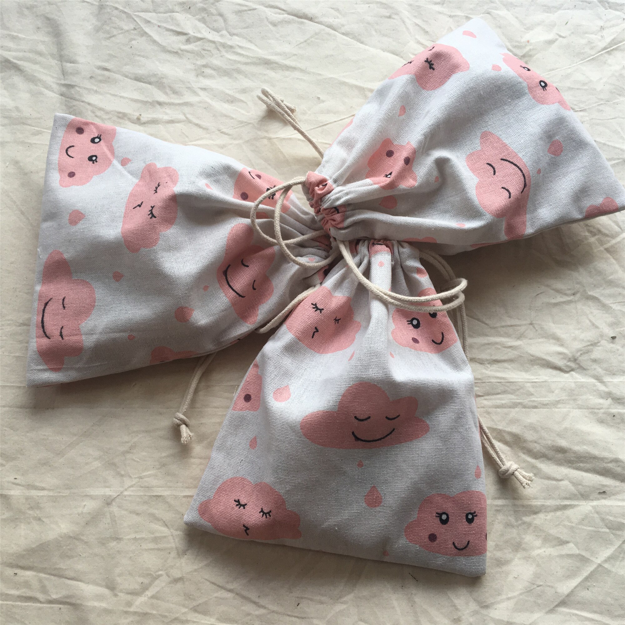 1pc Cotton Linen Drawstring Organized Bag Party Pouch Print Pink Cloud Rain YL1