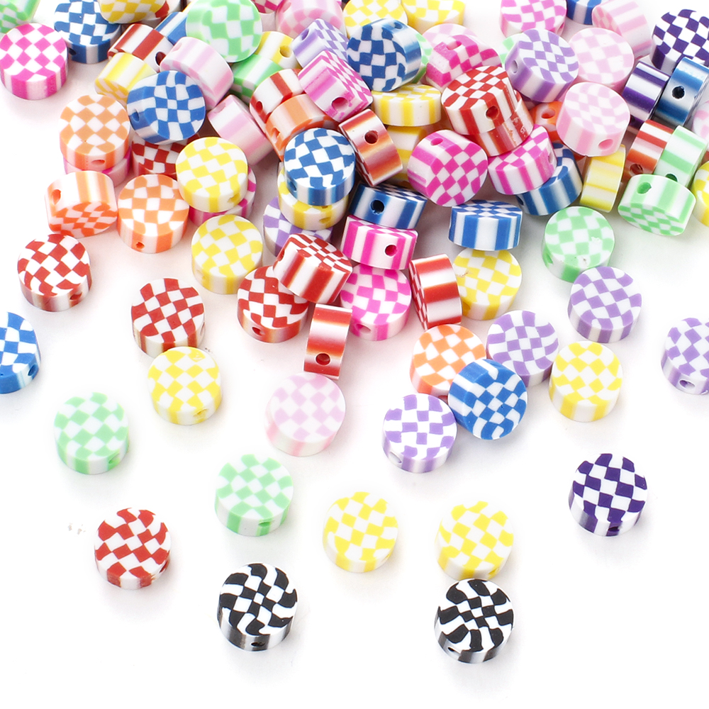 Cuentas de arcilla suave con estampado de tablero de ajedrez, abalorios espaciados a cuadros clásicos para pulsera, accesorios de joyería, 50 unidades: Negro