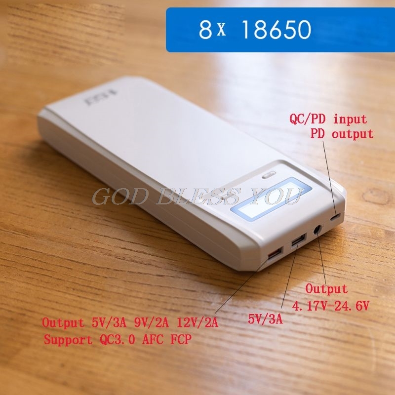 (No Battery) QD188-PD Dual USB QC 3.0 + Type C PD DC Output 8x 18650 Batteries DIY Power Bank Box Holder Case Fast Charger