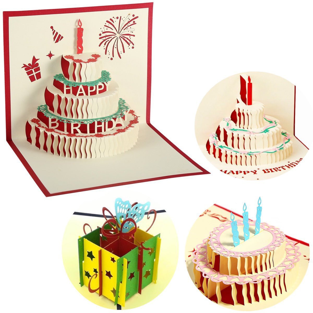 4 Pcs 3D Pop Up Birthday Cards Happy Birthday Greeting Cards with envelope