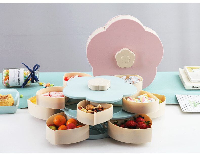 Double Layer Petal Shaped Rotating Candy Box Dish Snacks Tray Five Grid Dried Fruit Case Plastic Container
