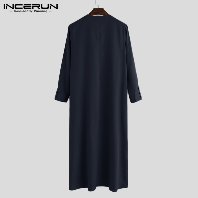 INCERUN męskie ubrania muzułmańskie Jubba Thobe z długim rękawem V Neck Casual Arabia saudyjska mężczyźni szaty Abaya dubaj Thobe arabski islamski Kaftan