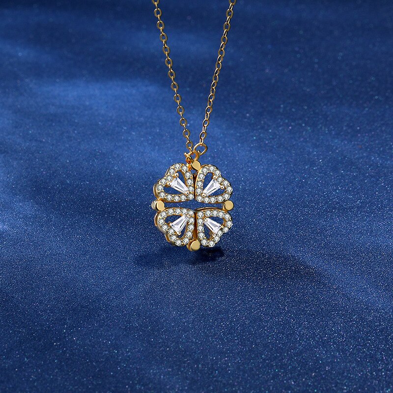 Collier trèfle à quatre feuilles pliable magnétique en forme de cœur, pendentif , de mariage, bijoux de fête: Or