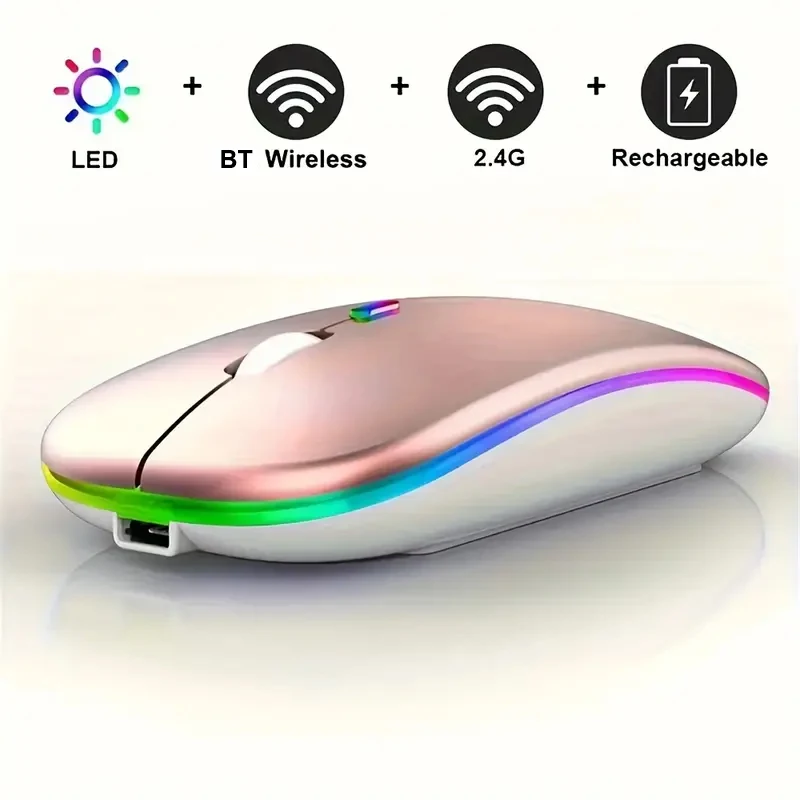LED Wireless Mouse Bluetooth-compatible 2.4GHz Slim Rechargeable Silent Mice RGB Ergonomic Gaming mouse for Computer Laptop PC: Gold