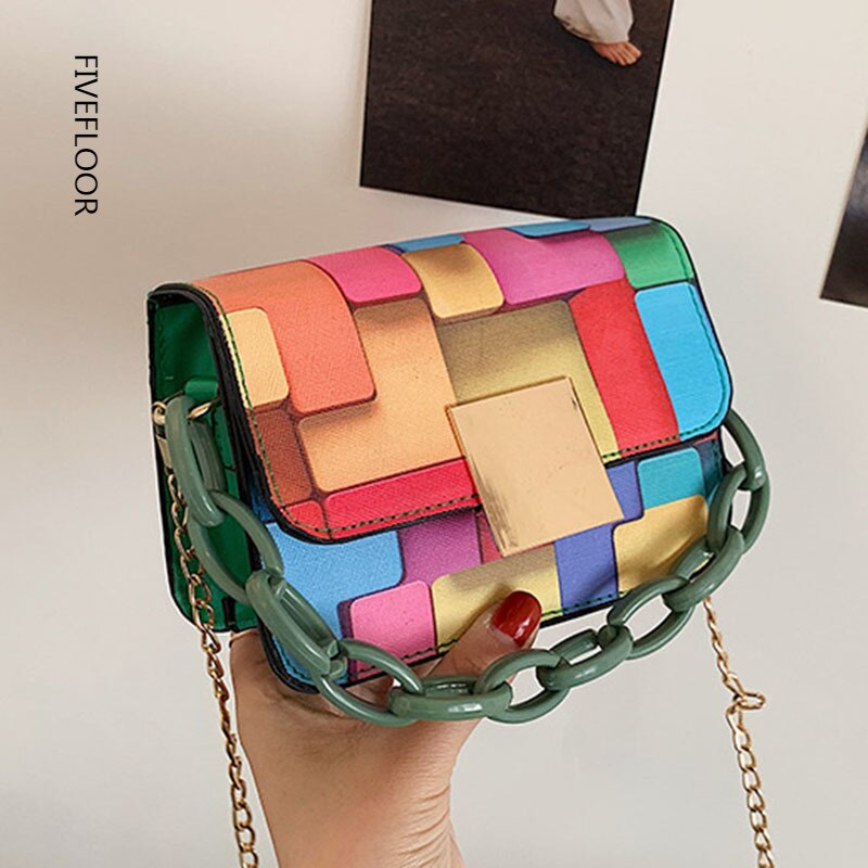 Vrouwen Mode Schoudertassen Keten Draagbare Crossbody Tassen Voor Vrouwen Regenboog Kleur Mini Vierkante Zak Pu Lederen Ketting tas