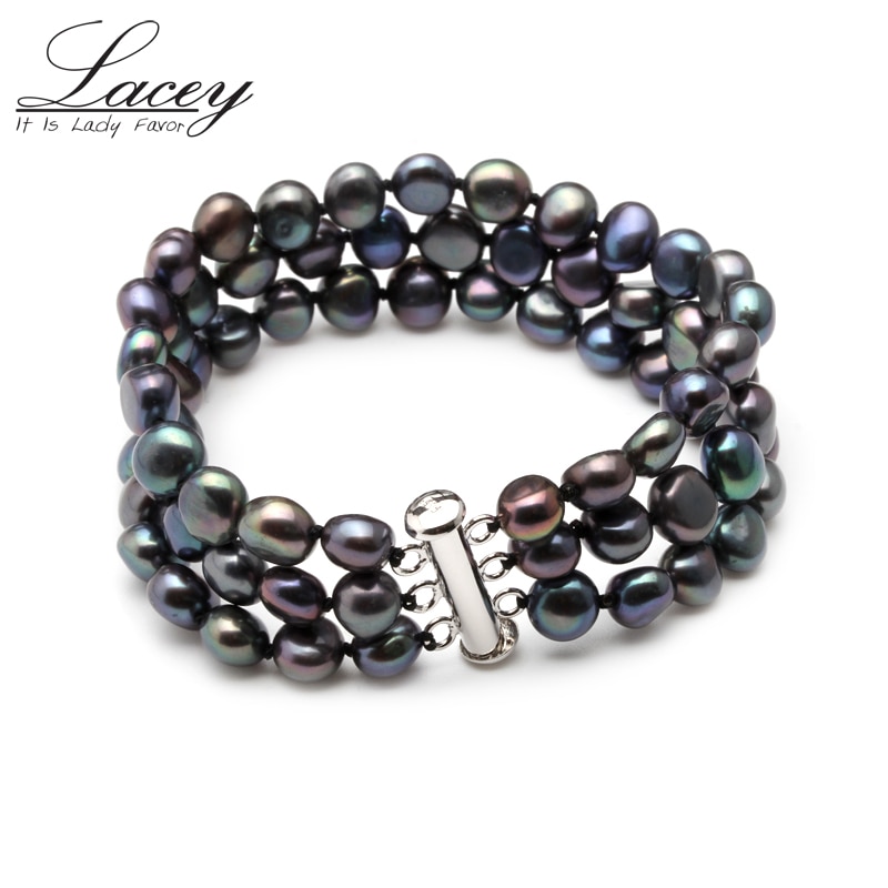 Pulsera de perlas naturales de agua dulce para mujer, brazalete de perlas negras, joyería,