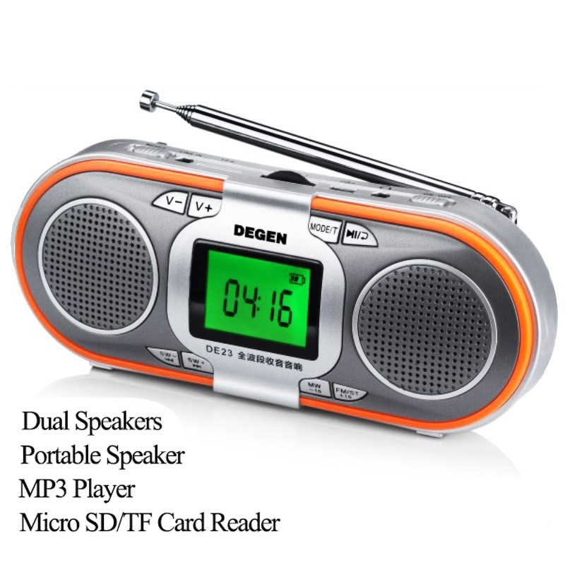 Degen DE23 3-in-1 Rechargeable AM/FM Shortwave Radio with Dual Speakers, Portable Speaker &amp; MP3 Player with Micro SD Card Reader