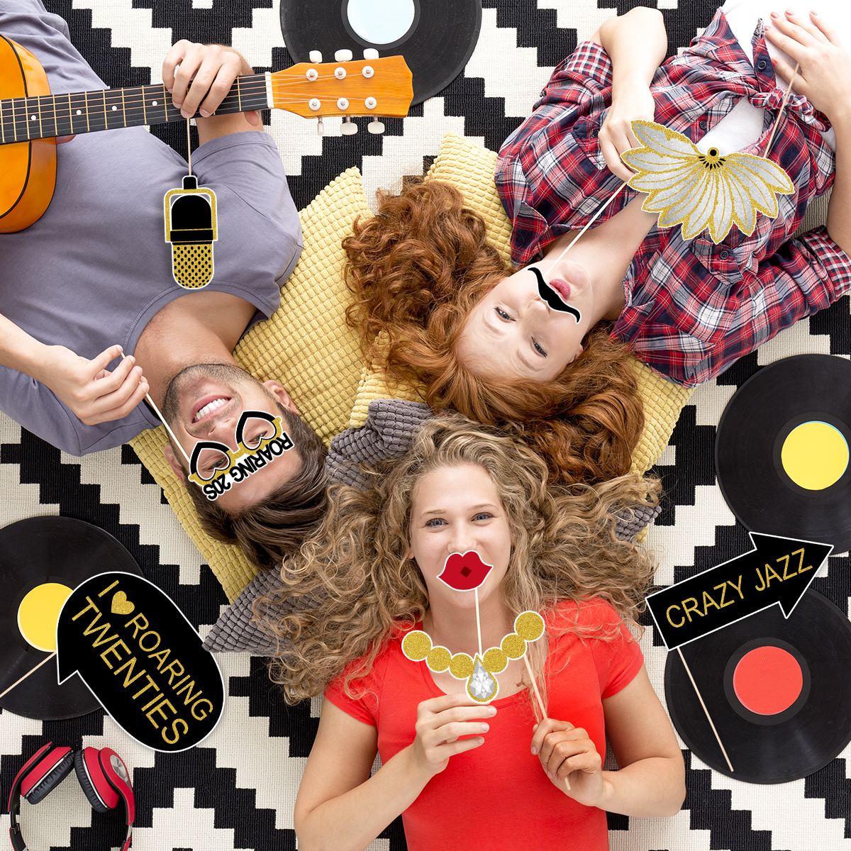 Amosfun 20PCS Funny 1920s Party Photo Booth Props With Bamboo Sticks Funny Photo Props Wedding Birthday Party Supplies