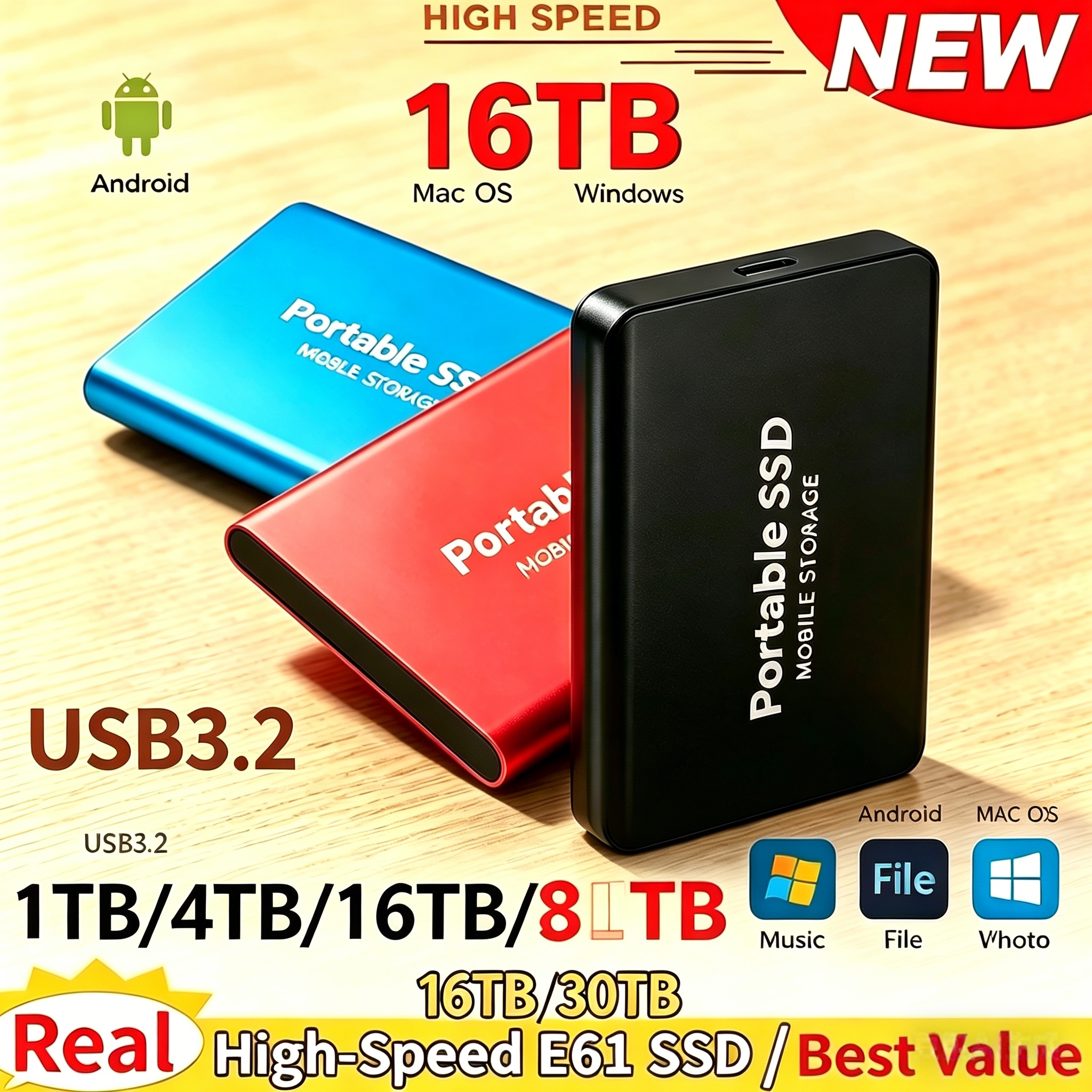 Högpresterande bärbar ssd 8tb, 16tb usb 3.2 typ-c extern ssd-enhet kompatibel för mac pc android