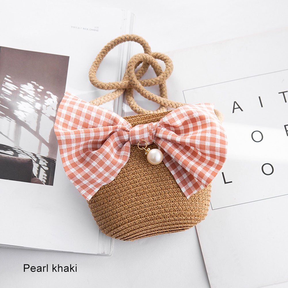 Girls Mini Handbag Handmade Straw Tote Large Capacity Summer Beach Shoulder Bag Party Shopping Best -WT: khaki pearl