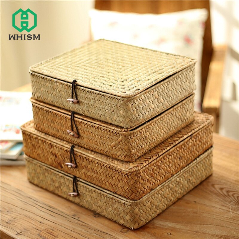 Flat Woven Wicker Storage Bins with Lid Natural Seagrass Basket Boxes Multipurpose Home Toys Organizer Boxes for Shelf Organizer