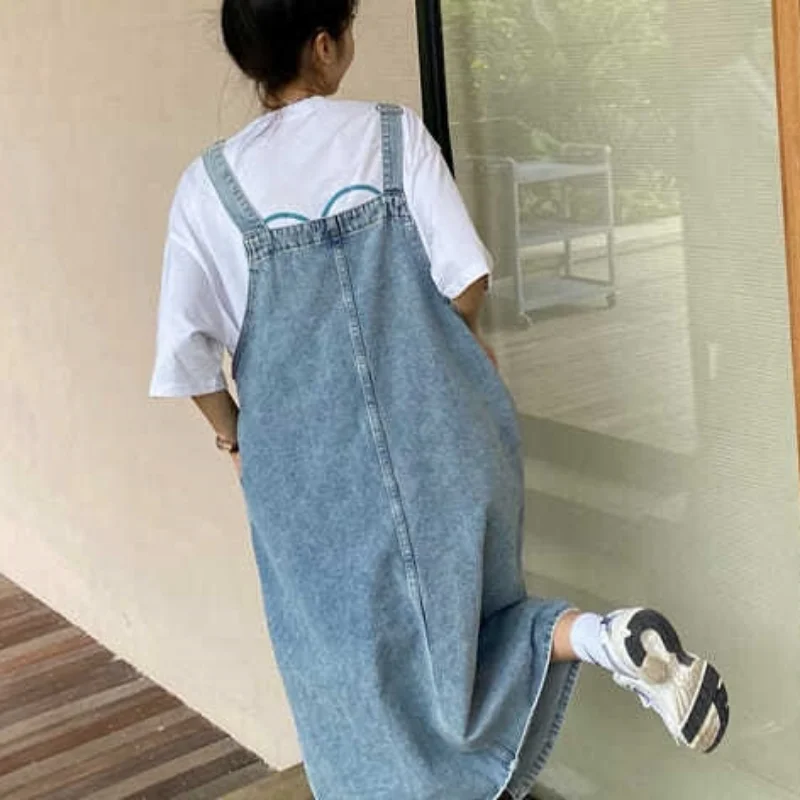 Forår sommer denim overall kjole kvinder ærmeløse jeanskjoler dame ensfarvet slip afslappet løse spaghettistropper kjoler