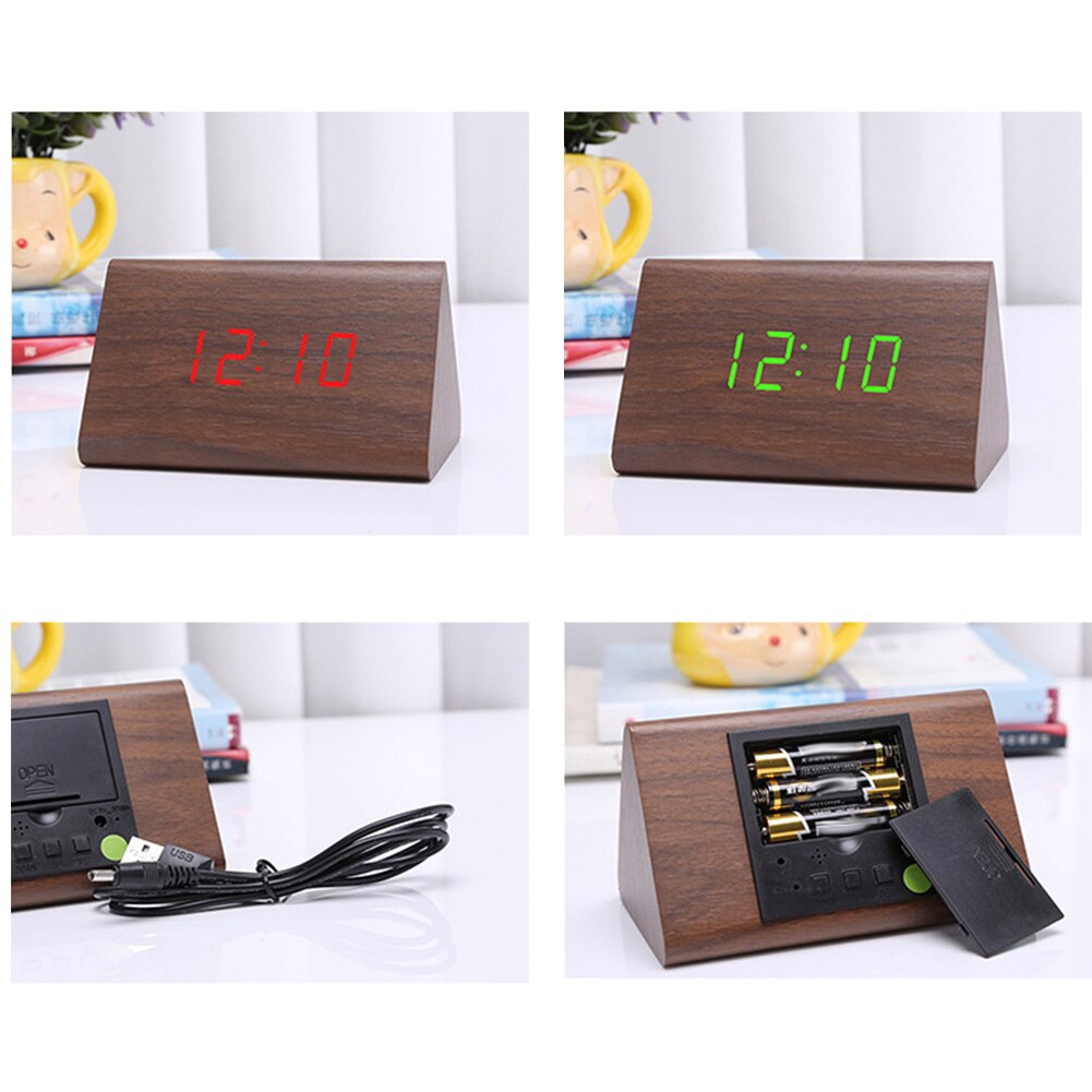 Digital Wooden USB LED Night Light Alarm Clock Thermometer Display Timepiece
