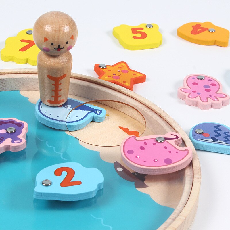 Children's kitten fishing toy girl boy wooden fishing magnetic 3-6 years old early childhood fishing toy: Pink