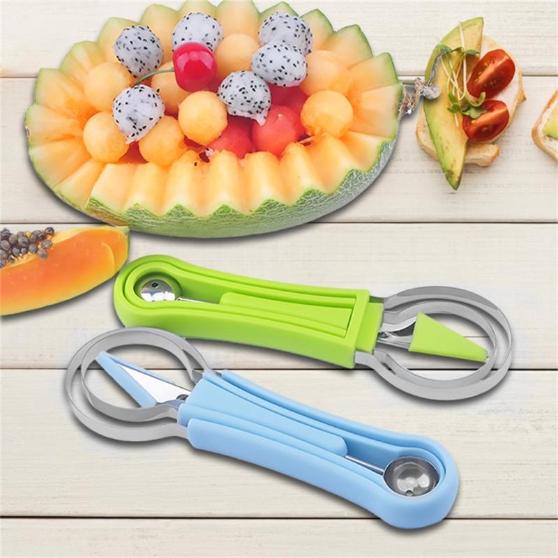 Cortador de sandía 4 en 1, cuchillo para tallar fruta, cuchara de helado de sandía, separador de pulpa de fruta, accesorios de cocina