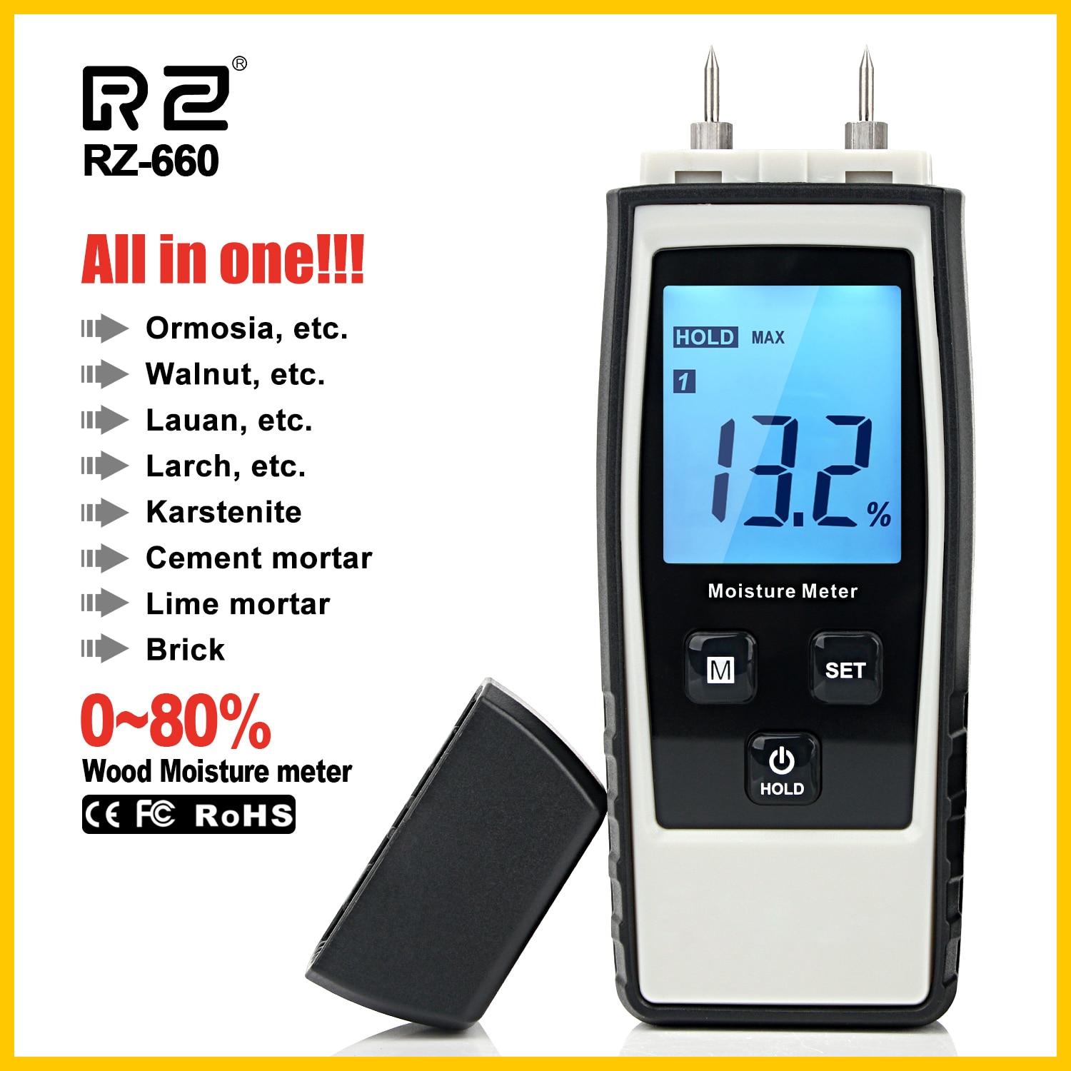 Rz Vochtmeter Digitale Hout Vochtmeter 0-80% Houtbewerking Tester Meetinstrument RZ660