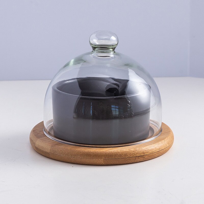Bandeja de cerámica para almacenamiento de postres bandeja de almacenamiento de aperitivos y frutas, recipiente para helado con tapa de cristal y bandeja de bambú, juego de cubiertos de cocina: black-1pcs