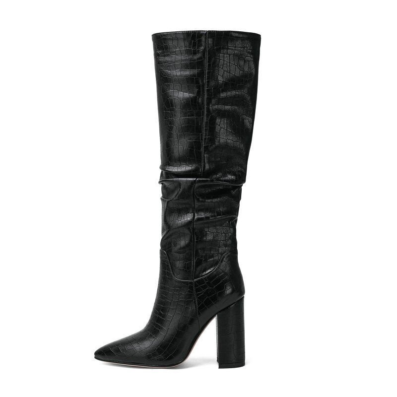 Bottes de créateur Faux cuir à talons hauts pour femmes, chaussures de créateur à bout pointu plissées, bloc épais, longues, hiver