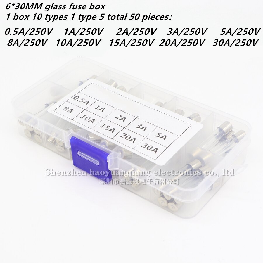 10 sztuk bezpiecznik 5*20mm bezpiecznik szklany bezpiecznik 250V 0.5A 1A 2A 3A 4A 5A 10A 15A 20A 30A: 6X30MM 50PCS