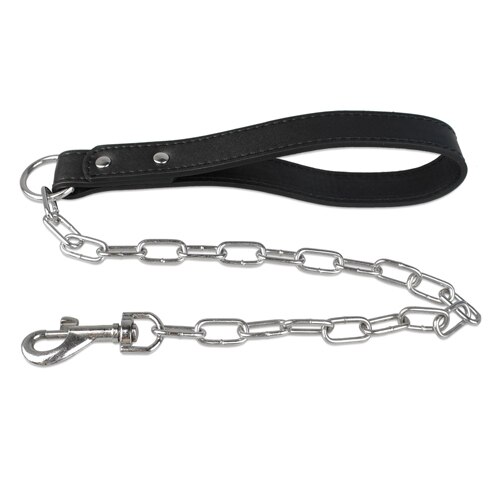 Træning hundesnor i sølv krom kæde fører kort hundetrafiksnor med læderhåndtag til mellemstore hunde pitbull: Sort