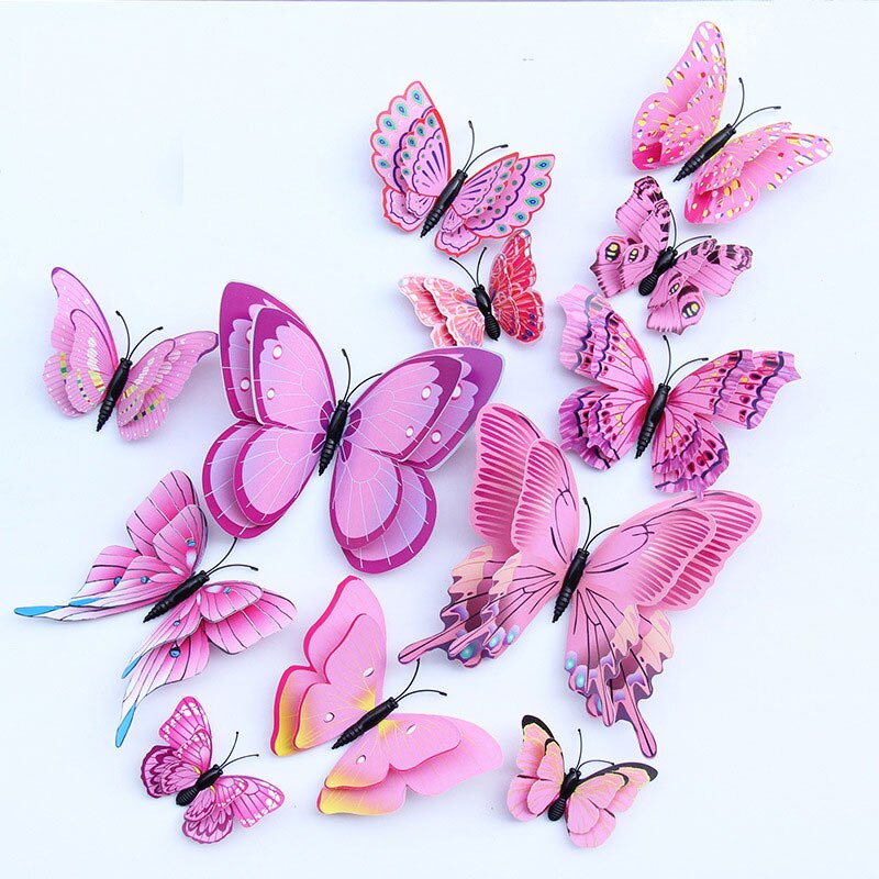 3D Vlinder Magneet Muur Sticker 12 Stuks Multicolor Dubbele Laag Vleugels Creatieve Butterflie Woondecoratie Accessoires 3D Stickers: Pink