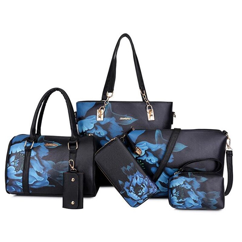 Skulderveske for kvinner dameveske 6 -delt sett med lærvesker i kinesisk stil clutch lommebok komposittveske crossbody: Svart