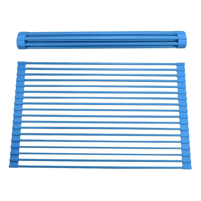 Dishwasher Safe Food Defrost Silicone Coated Foldable Roll Up Stainless Steel Dish Drying Rack: Blue