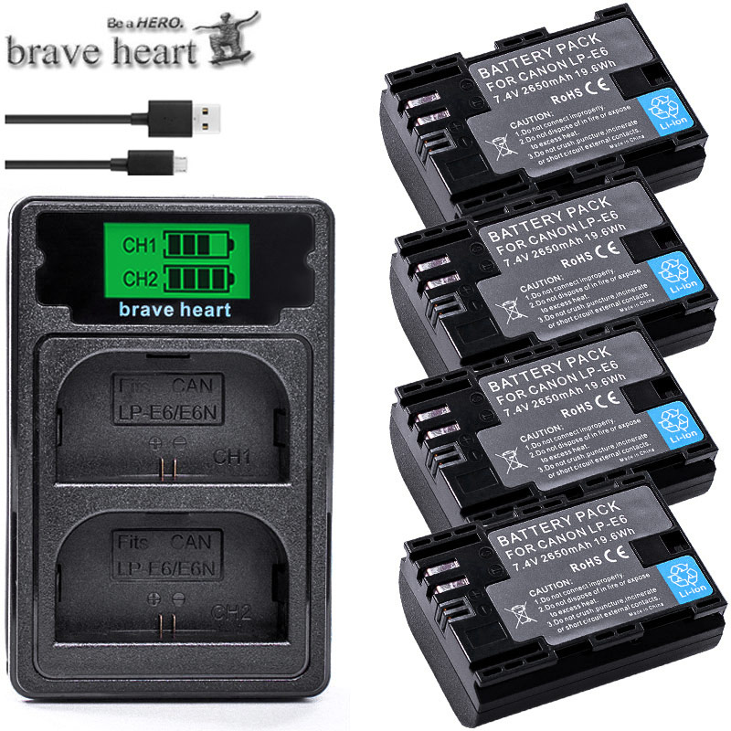 4pcs Full code bateria LP-E6 LPE6 LP E6 Batteries + LCD DUAL charger For Canon 5D Mark II Mark III 6D 7D 60D 60Da 70D 80D DSLR: charger and 4battery