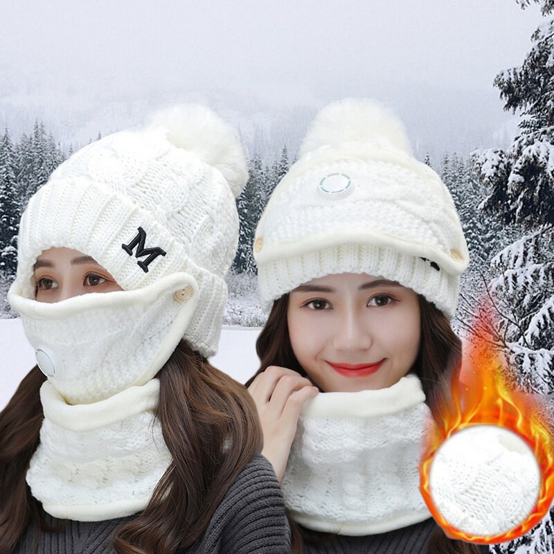 Vinter cykel hat kvinder 3 stykke varme uld beanies skullies hatte med maske krave hagesmæk kvindelig fløjl tykke anti-smog strik hætter: Hvid