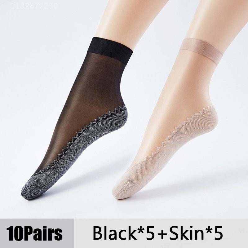 Calcetines de seda de terciopelo para mujer, medias de algodón con suela suave antideslizante para masaje, antideslizantes, de verano, 10 pares: Black Skin