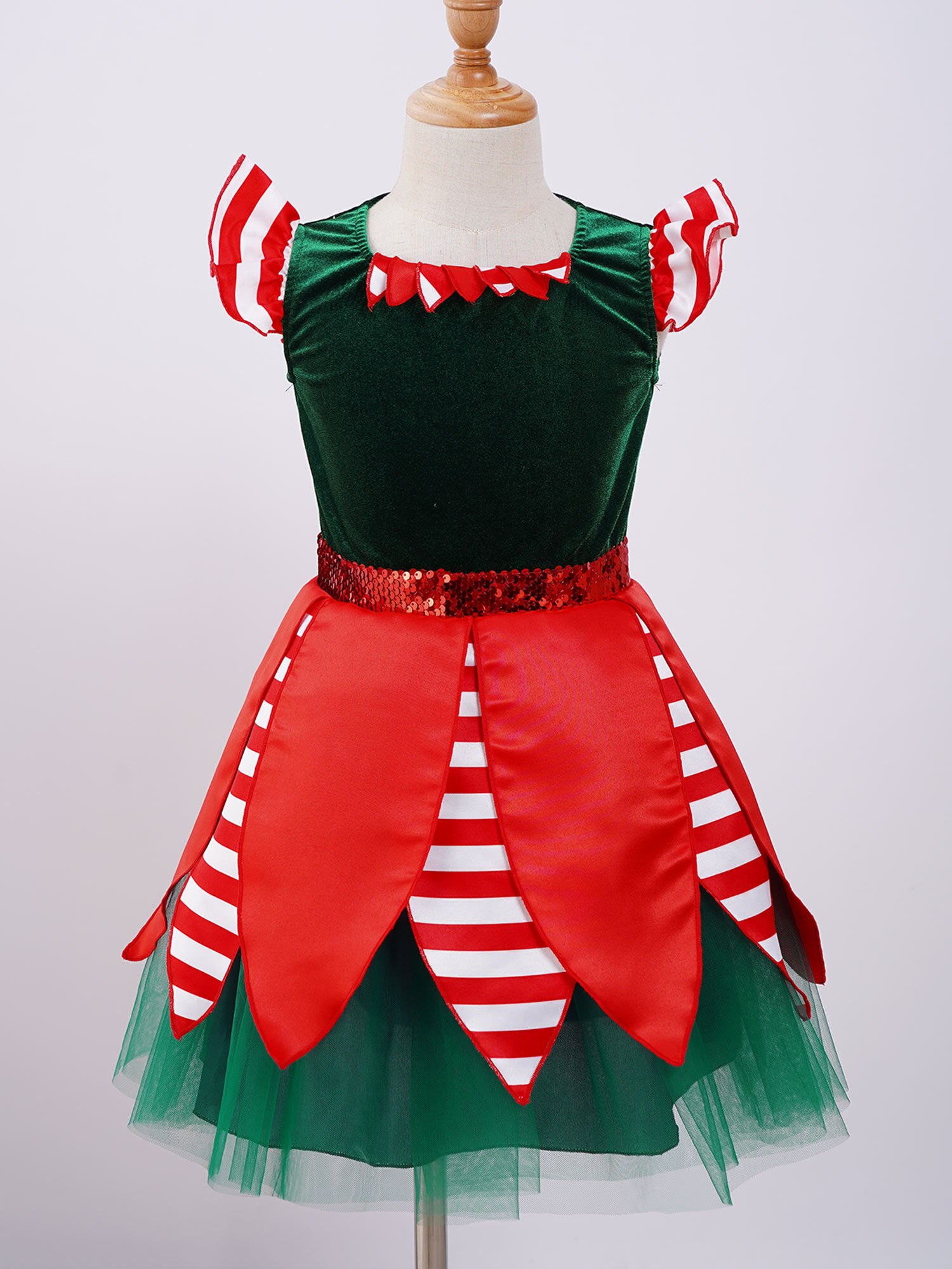 Kids Girls Mrs Claus Elf Costume Santas Christmas Party Dress Sequins Stripes Figure Ice Skating Ballet Dance Dress Hat Outfit