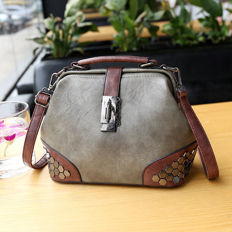 Retro All-match Lock Shoulder Bag Women's Riveting Nail Shoulder Bag Women: Light gray